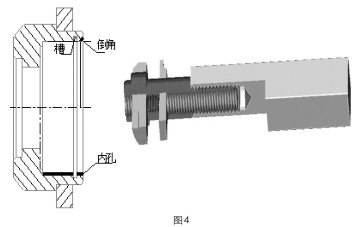 圖4 將鏜孔刀和內溝槽刀裝在同一夾具上 圖4 將鏜孔刀和內溝槽刀裝在同一夾(jiá)具(jù)上